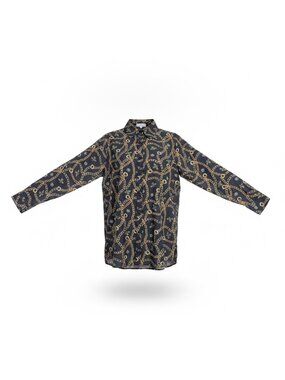 D2 Womens Black Gold Chain Bee Pattern Button-Up Blouse Long Sleeves Size M